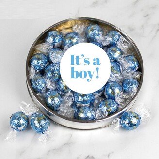 Just Candy It's a Boy Baby Shower Candy Gift Tin with Chocolate Blue Lindor Truffles by Lindt Large Plastic Tin with Sticker