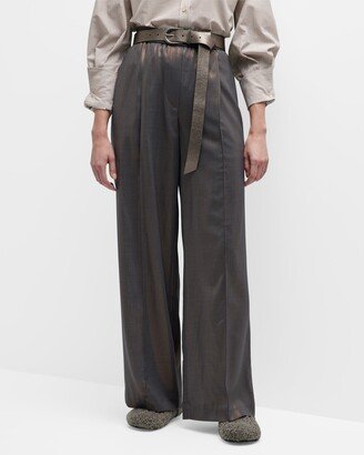 Metallic Pleated Wide-Leg Gauze Pants