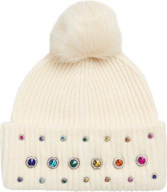 Octavia Rainbow Crystal Beanie with Faux Fur Pompom