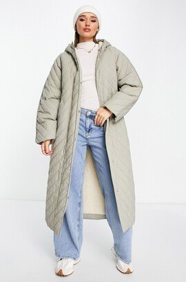 Chevron Quilted Hooded Longline Coat with Fleece Lining