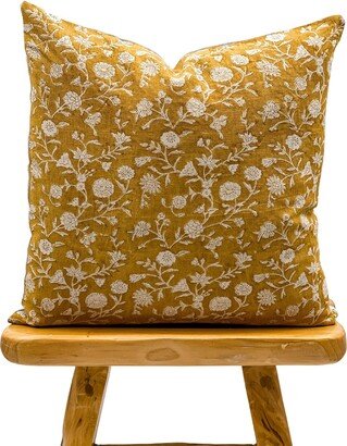 Yellow Pillow Cover, Designer Floral Mustard On Natural Linen Cover, Boho Pillow, Fall Decor Pillow Cover