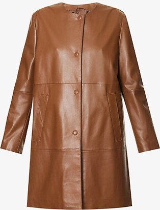 Womens Tobacco Maia Round-neck Leather Coat