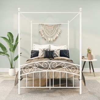 Full Size Metal Canopy Bed Frame with Ornate European Style Headboard & Footboard Sturdy Steel H/Under-Bed Storage Space