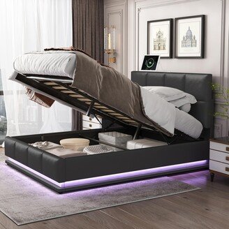 Queen Size PU Storage Bed with LED Lights and USB charger