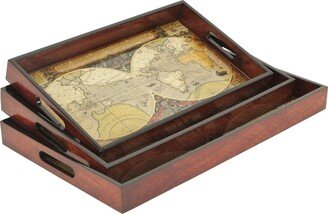 Set of 3 Vintage Map and Wood Veneer Topped Trays