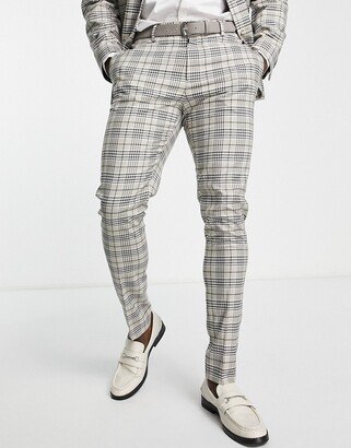 skinny suit pants in beige and brown check