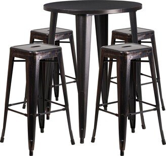 30'' Round Metal Indoor-Outdoor Bar Table Set with 4 Square Seat Backless Stools