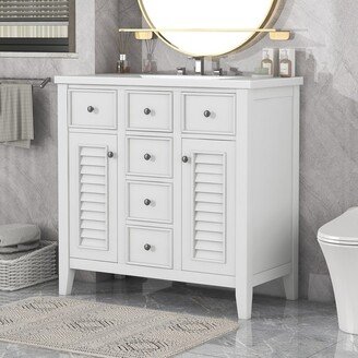 IGEMAN Simple Practical Bathroom Vanity with Ceramic Basin with Two Cabinets and Five Drawers