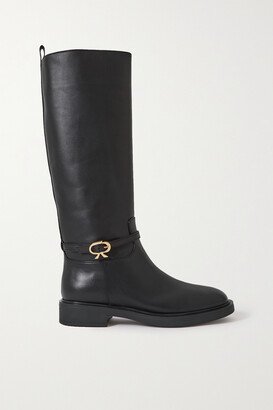 Ribbon Buckled Leather Knee Boots - Black