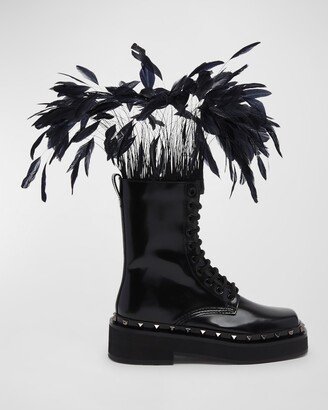 Rockstud Patent Leather Combat Boots with Feathers-AA