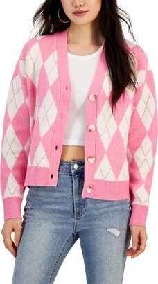 Juniors' Metallic Argyle V-Neck Cardigan