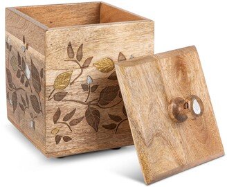 G G Collection Mango Wood Laser Metal Inlay Leaf Medium Canister