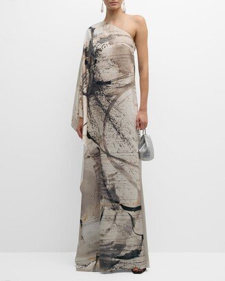 KOLTSON Abstract-Print One-Shoulder Silk Caftan Gown