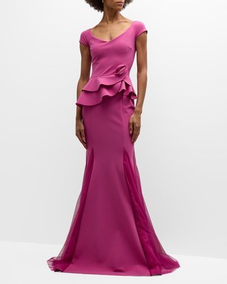 Cap-Sleeve Peplum Godet Trumpet Gown