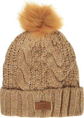 W Knit Cable Hat W F Fur Pom Camel