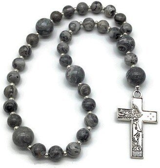 Jesus Face Cross & Crazy Lace Jasper Protestant Prayer Beads, Episcopal, Methodist, Anglican Rosary, Pocket Devotional Aid