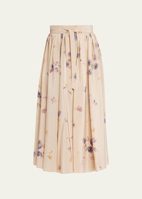 Iris Bluebells Pleated Midi Skirt with Front Tie