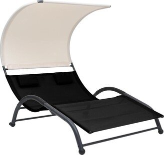 Double Sun Lounger with Canopy Textilene Black - 74.8 x 53.9 x 62.2