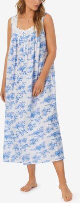 Women's Cotton Lace-Trim Ballet Nightgown - White, Blue Floral Print