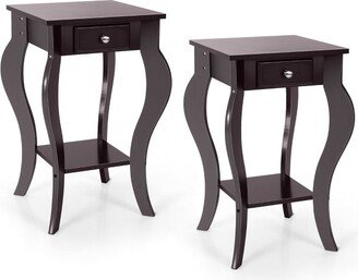 2PCS End Table Accent Side Table Nightstand w/ Drawer & Bottom Shelf Brown