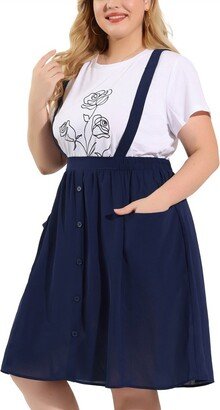 Agnes Orinda Women's Plus Size Casual Elastic Waist Suspender Skirt with Front Pockets Navy Blue 4X