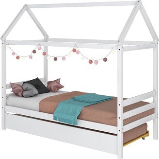 Twin House Bed Frame w/ Trundle Roof Wooden Platform Mattress