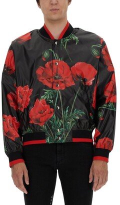 Poppy-Printed Long-Sleeved Bomber Jacket