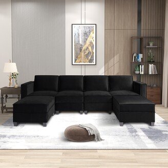 RASOO 6-pieces U-shaped Sectional Sofa Velvet Reclined Reclined Sofa & Chaise Modular Design-AA