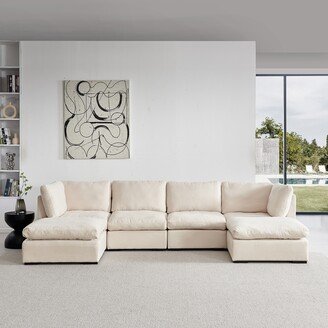 EDWINRAYLLC U-shape Linen Fabric Sectional Sofa Set 129 Modular Couch Set with Movable Ottomans and Wood Legs for Living Room