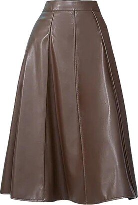 Hdhdeueh Women's High-Waisted Knee-Length PU Leather Skirt Elegant Midi Skirts Monochromatic Office Party Auburn S