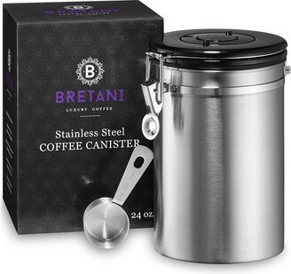 Bretani 24 oz Coffee Canister & Scoop Set, Silver - Stainless Steel Airtight Kitchen Storage Container for Coffee Beans and Grounds