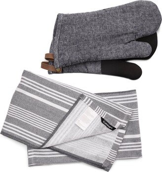 Set of 2 Grey Striped Tea Towels and Single Oven Gloves Grey