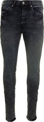 Black Skinny Jeans With Tonal Logo Patch And Crinkled Effect In Stretch Cotton Denim Man