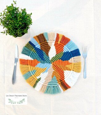 Large Round Macrame Placemat, Boho Dining Table Decor, Inspired By Rainbow Eucalyptus, Wedding Housewarming Gift