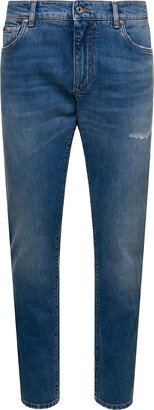 Light Blue Five-pockets Slim Jeans With Logo Plaque In Stretch Cotton Denim Man