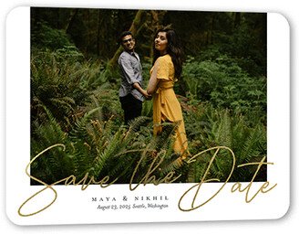 Save The Date Cards: Homey Script Save The Date, Gold Foil, White, 5X7, Matte, Signature Smooth Cardstock, Rounded