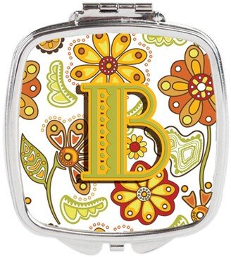 CJ2003-BSCM Letter B Floral Mustard & Green Compact Mirror