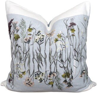 Embroidered Floral Pillow Cover - Sanderson Pressed Flowers Back Solid Linen 18 X 18, 20 20, 22 22, 24