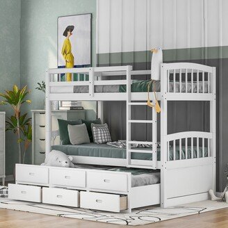 TOSWIN Twin Over Twin Wood Bunk Bed With Trundle And Drawers