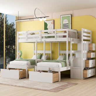 EDWINRAY Full Over Twin & Twin Solid Wood Frame Triple Bunk Bed with 4 Storage Drawers and Full-length Guardrails, No Box Spring Needed