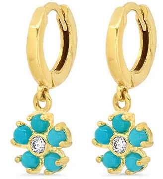 Mini Turquoise and Diamond Flower Yellow Gold Huggie Hoop Earrings