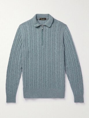 Suede-Trimmed Cable-Knit Baby Cashmere Half-Zip Sweater-AA