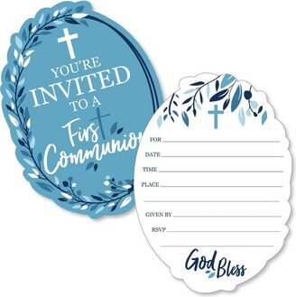 Big Dot of Happiness First Communion Blue Elegant Cross - Shaped Fill-in Invitations - Religious Party Invitation Cards with Envelopes - Set of 12