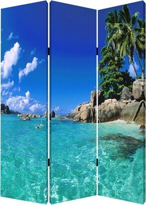 3 Panel Foldable Canvas Screen with Exotic Oceanside Print - 72 H x 2 W x 48 L Inches