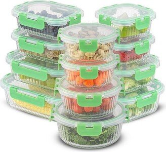 24 Piece Fluted Glass Food Storage Containers with Leakproof Lids Set - Green