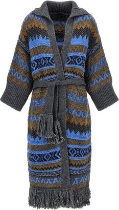 Fringed Edge Geometric-Patterned Cardigan