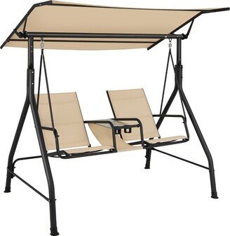 Tangkula 2-Person Porch Swing Adjustable Canopy Swing Chair w/ Tempered Glass Table