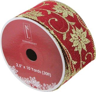 Northlight Cranberry Red and Gold Poinsettia Christmas Wired Craft Ribbon 2.5 x 10 Yards