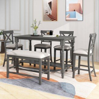 GREATPLANINC 6-Pieces Wood Dining Table Sets, Muti-Functional Counter Dining Table, with 4 High-Density Seat Cushion Chairs and Bench-AA