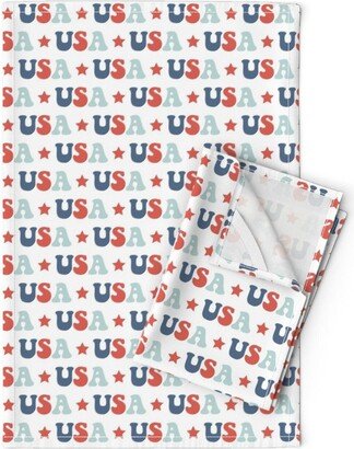 Fourth Of July Tea Towels | Set Of 2 - USA Groovy Vintage By Red Raspberry Design Blue Stars Linen Cotton Spoonflower